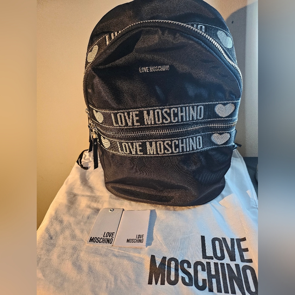 Love Moschino Black and Silver Heart Backpack